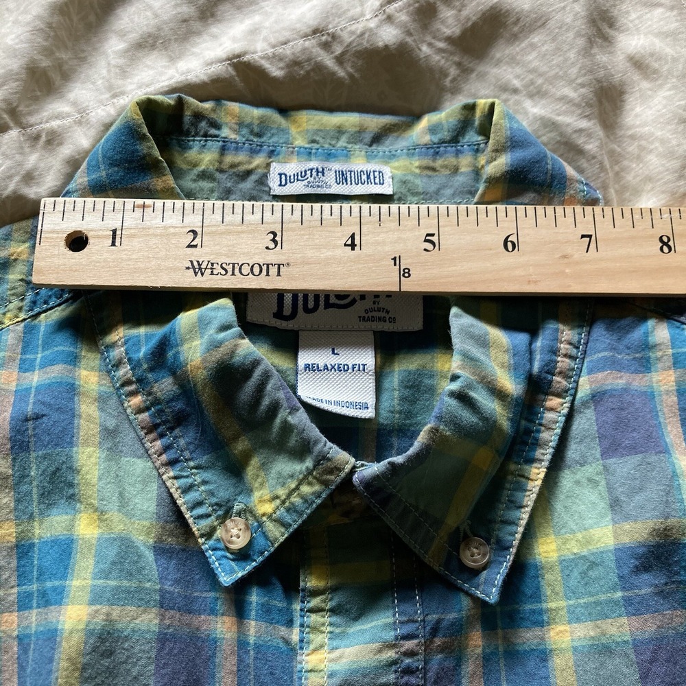 Duluth Untucked Men's L Relaxed Fit SS Button Down Plaid Cotton Shirt Green Teal - Picture 14 of 14